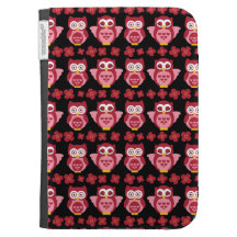 Pretty Cute Pink Owls and Flowers Pattern Black Kindle 3G Cover