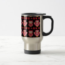 Pretty Cute Pink Owls and Flowers Pattern Black Coffee Mugs