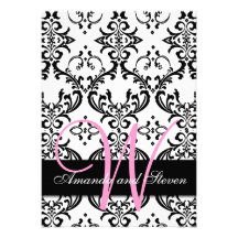 Pretty Damask Pink Monogram Wedding Invitation