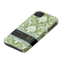 Pretty Dark Olive Green & white damask w/ monogram Case-Mate iPhone 4 Case