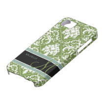 Pretty Dark Olive Green & white damask w/ monogram iPhone 5 Cover