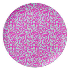 Pretty Elegant Pink Aqua Damask Floral Print Dinner Plate