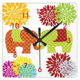 Pretty Elephants in Love Holding Trunks Flowers Square Wall Clocks