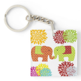 Pretty Elephants in Love Holding Trunks Flowers Square Acrylic Keychain