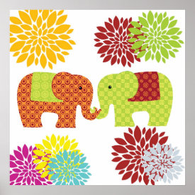Pretty Elephants in Love Holding Trunks Flowers Print