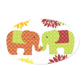 Pretty Elephants in Love Holding Trunks Flowers Oval Sticker