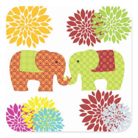 Pretty Elephants in Love Holding Trunks Flowers Square Sticker