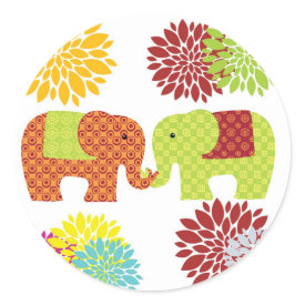 Pretty Elephants in Love Holding Trunks Flowers Round Stickers