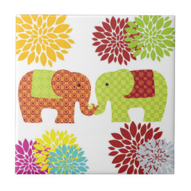 Pretty Elephants in Love Holding Trunks Flowers Tiles