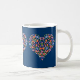 Pretty Folk Art Style Floral Heart on Blue Mug