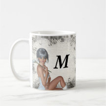 Pretty girl  and silver damask coffee mugs