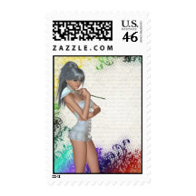 Pretty girl with lily postage stamps