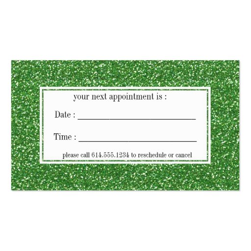 Pretty Green Glitter Appointment Business Cards (back side)