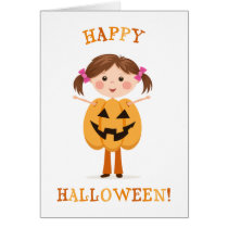 Pretty Halloween girl wearing a pumpkin outfit Card