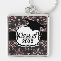 pretty heart pink damask on washed black keychains