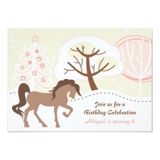 Pretty Horse Snowy Winter Girls Birthday Party 5x7 Paper Invitation Card