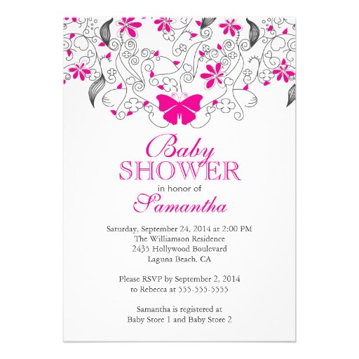 Pretty Hot Pink Butterfly Baby Girl Baby Shower Personalized Announcement