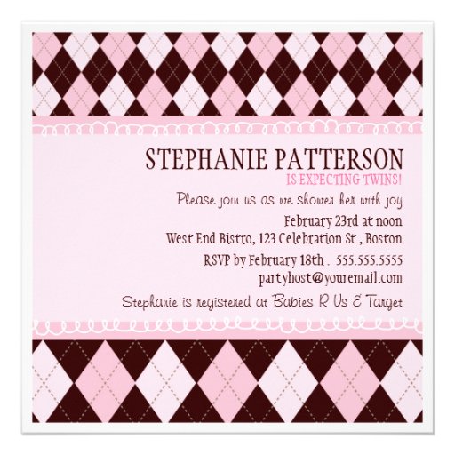Pretty in Pink Argyle Twin Girl Baby Shower Invitations