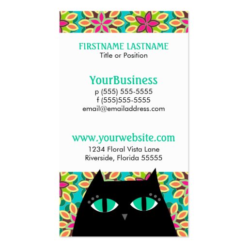 Pretty Kitty Black & Floral Business Card Template (back side)