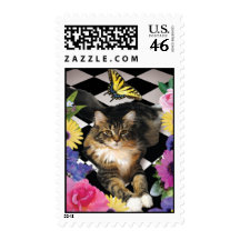Pretty kitty cat with flowers postage stamps