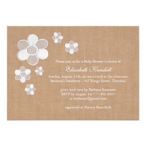 Pretty Lace Flowers on Burlap Baby Shower Invite