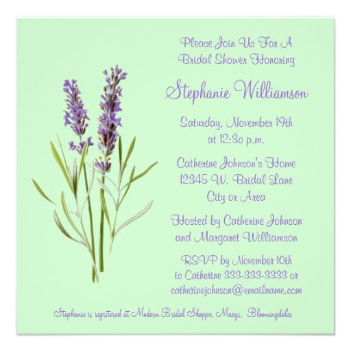 Pretty Lavender Herb Sprig on Green Bridal Shower Invites
