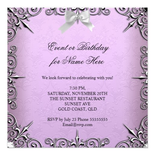 Pretty Lavender Lilac Silver White Birthday Party Custom Invitations