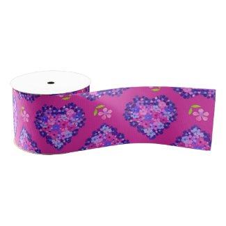 Pretty Magenta Hearts and Flowers Grosgrain Ribbon