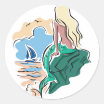 pretty mermaid sitting on rock round stickers
