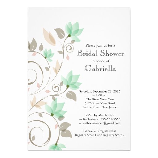 Pretty Modern Mint Green Floral Vine Bridal Shower Custom Invites