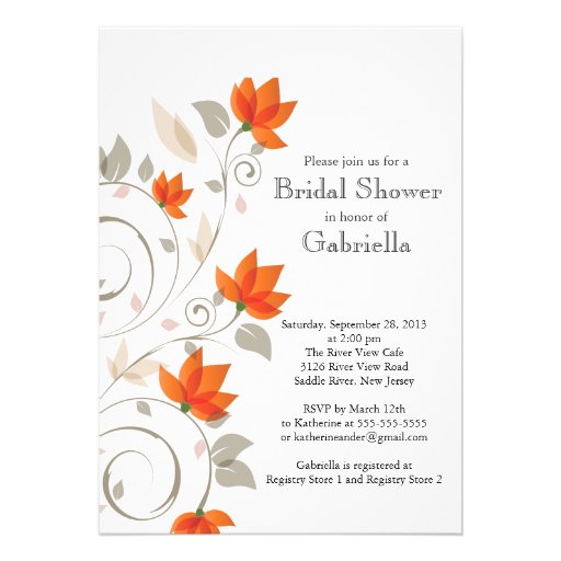 Pretty Modern Orange Floral Vine Bridal Shower Personalized Invitation