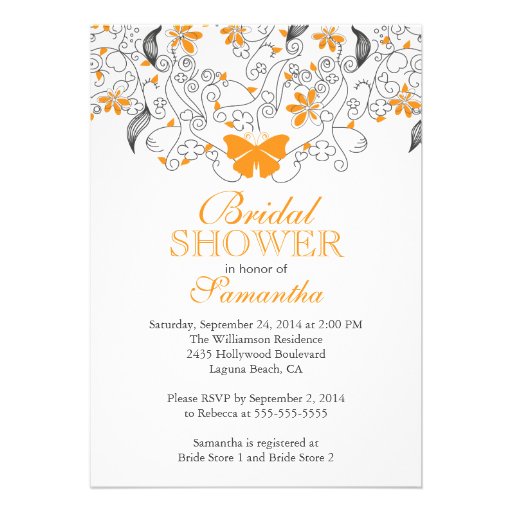 Pretty Orange Butterfly Floral Bridal Shower Custom Invitations