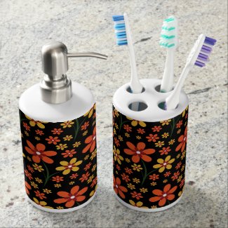 Pretty Orange Yellow Floral Pattern On Black Toothbrush Holders