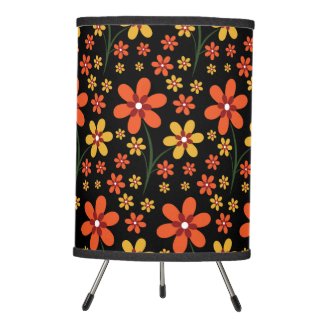 Pretty Orange Yellow Flowers Black Floral Pattern Tripod Lamp