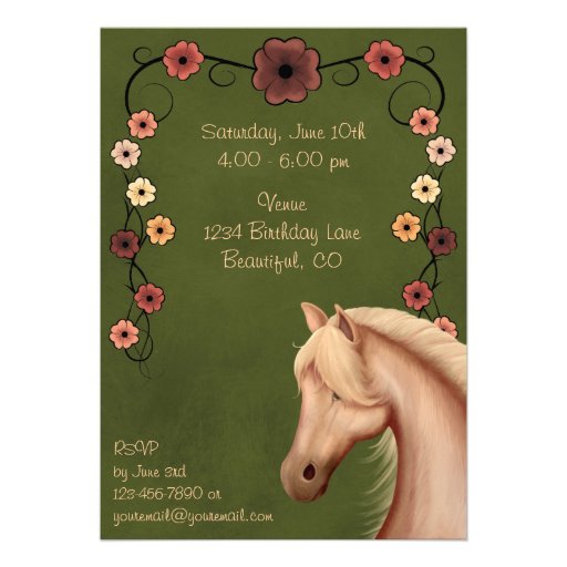Pretty Palomino and Flowers Horse Birthday Invite