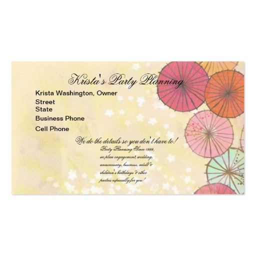 Pretty Pastel Parasols Wedding Planner Card Business Card Templates (front side)