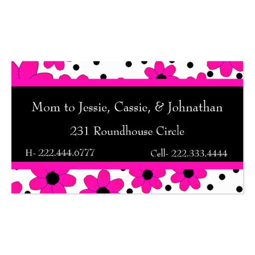 Pretty Pink and Black Flowers Mommy Card Business Card Template (back side)