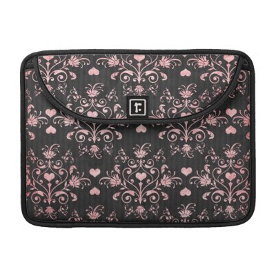 pretty pink and black hearts girly damask pattern macbook pro sleeves Rickshaw_flapsleeve