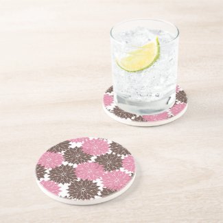 Pretty Pink and Brown Flower Blossoms Floral Print Drink Coaster