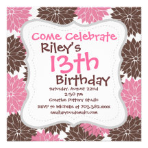 Pretty Pink and Brown Flower Blossoms Floral Print Personalized Invites