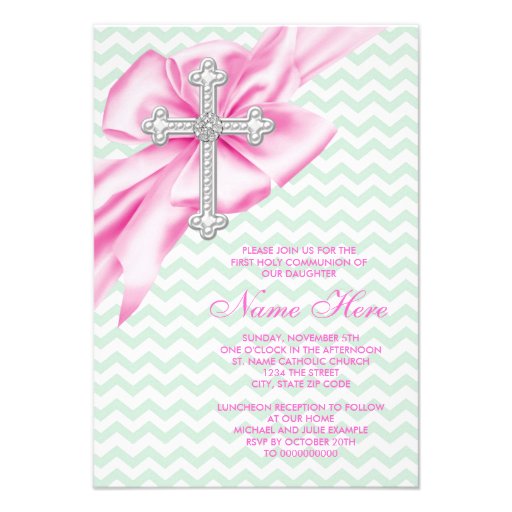 Pretty Pink and Green Chevron First Communion Custom Announcements