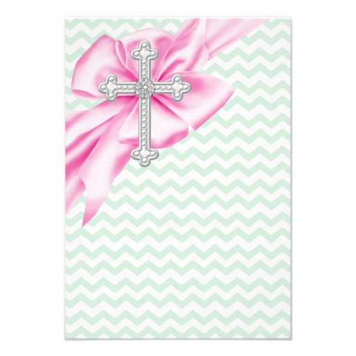 Pretty Pink and Green Chevron First Communion Custom Announcements