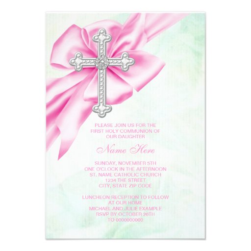 Pretty Pink and Green First Communion Invitation