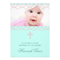 Pretty Pink and Teal Blue Photo Christening invitations
