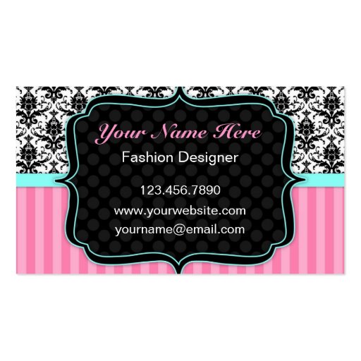 Pretty Pink, Black and White Damask Business Card (front side)