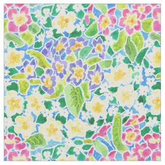 Pretty Pink Blue Yellow Primroses Floral Fabric