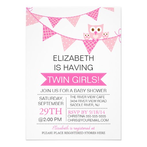 Pretty Pink Bunting Owl TWIN GIRLS Baby Shower Card