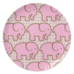 Pretty Pink Elephants on Pink Plaid Pattern Party Plate