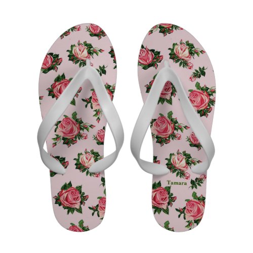 Pretty Pink English Tea Roses Pattern Custom Flip-Flops