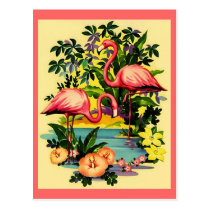 PRETTY PINK FLAMINGOS IN TROPICAL FOREST POSTCARD